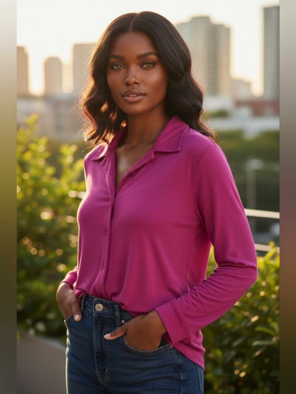 Citiknits Vibrant Magenta Button-Front Collared Shirt Size L